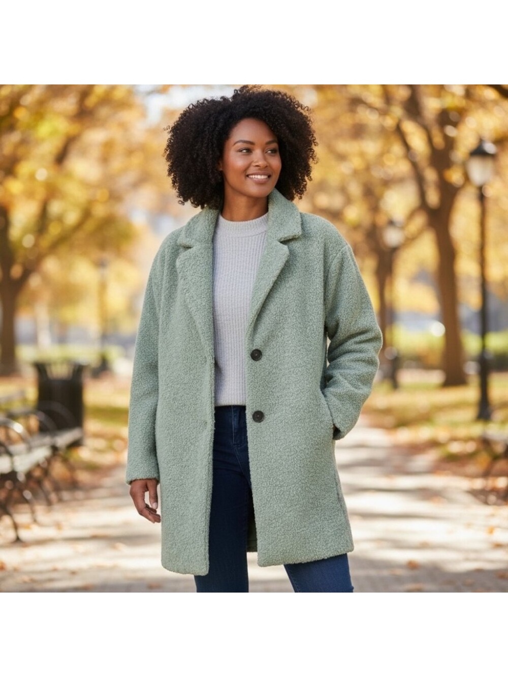 Daily Ritual Sage Green Teddy Coat - Single-Breasted Casual Jacket